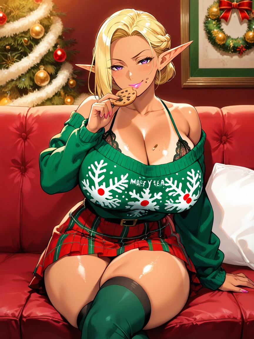 Sitting On A Red Couch, Lace Lingerie, Exposed Thighs ヘンタイAIポルノ