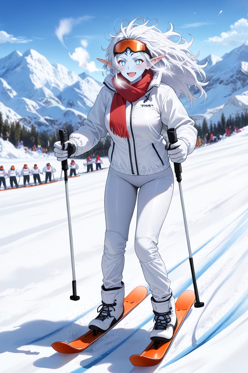 Full Body Shot, Blue Eyes, Tight White Ski Jacket Hentai AI Porn