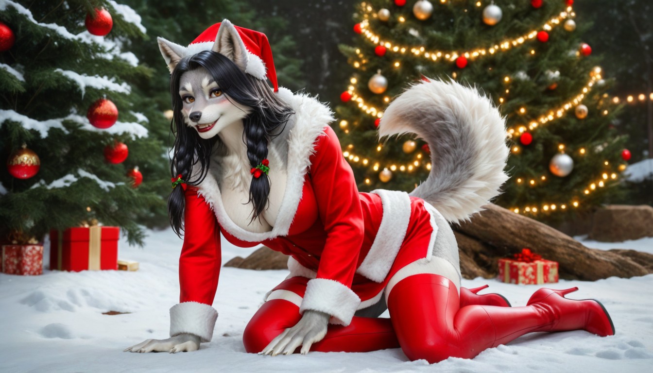 Skinny, Christmas Skirt, Black Hair Furry AI Porn
