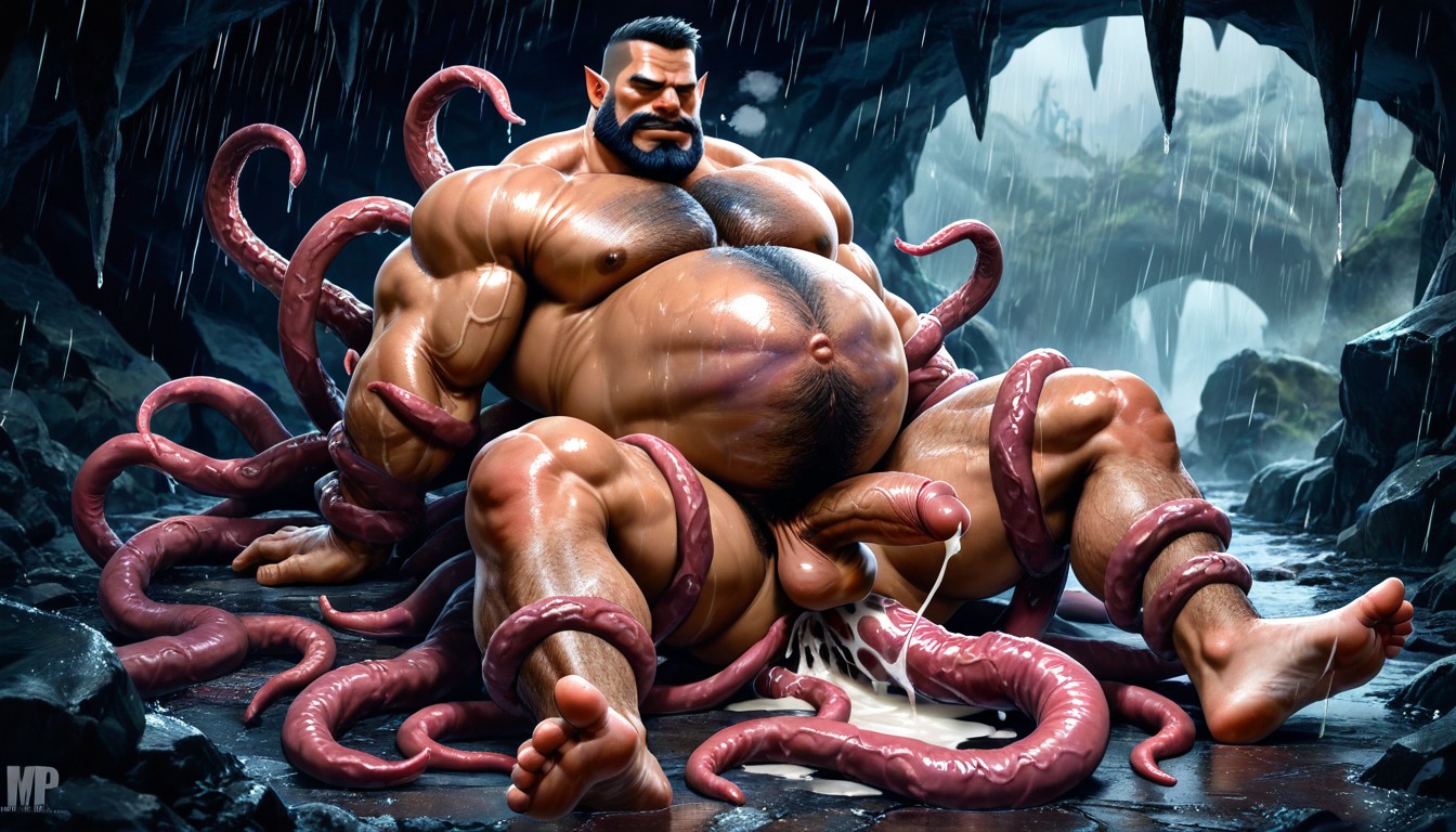 Oiled Skin, Hot Hunk Muscular With Beard, No Cumming AI Gay Porn