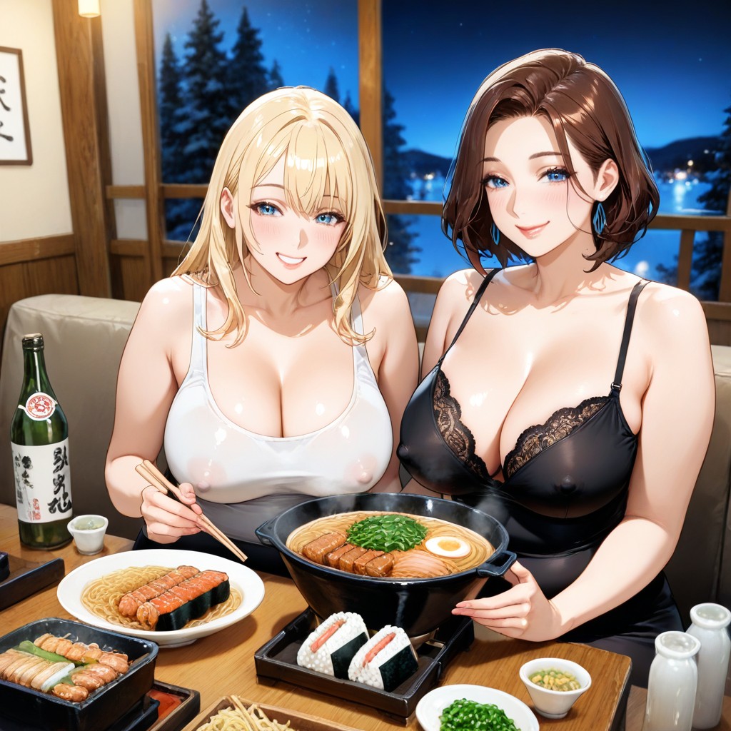 Night, Snowy Pine Trees View Outside, Wooden Boards Of Sushi And Onigiri AI Porn
