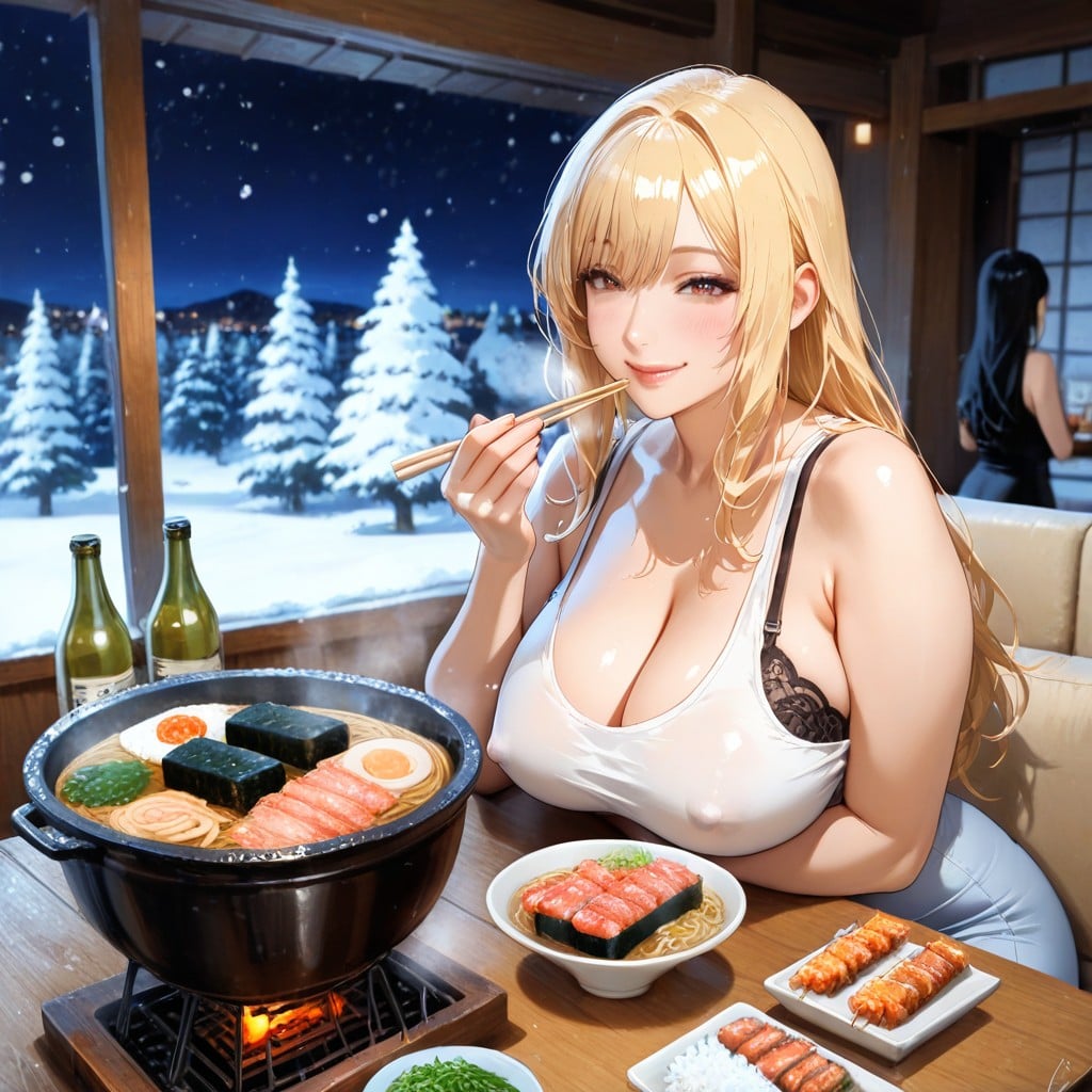 Bust Shot, And Several Green Sochu Bottles Steam Rises From The Hot Food The Background Is A Warm, 2 People AI Porn