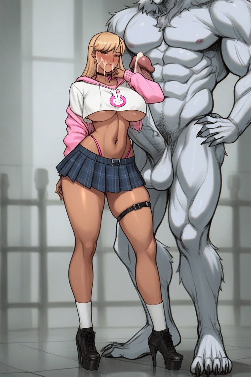 Naked, Looking Up At Man, Skirt Showing Pussy Hentai AI Porn