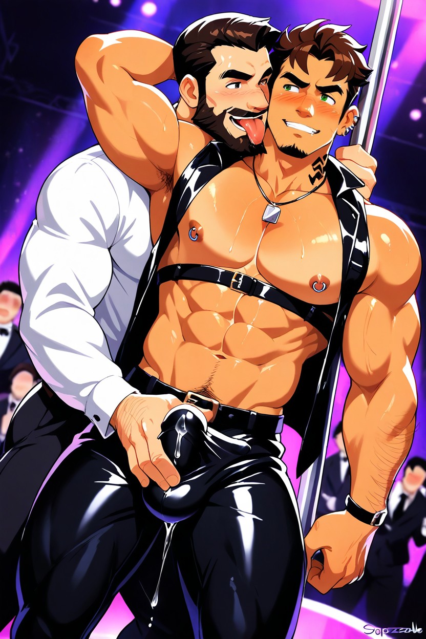 Strip Club, Hand Job Hug From Behind Dynamic Angle, Leather Harness Smiling Mischievous Expression Opened Shirt AI Gay Porn