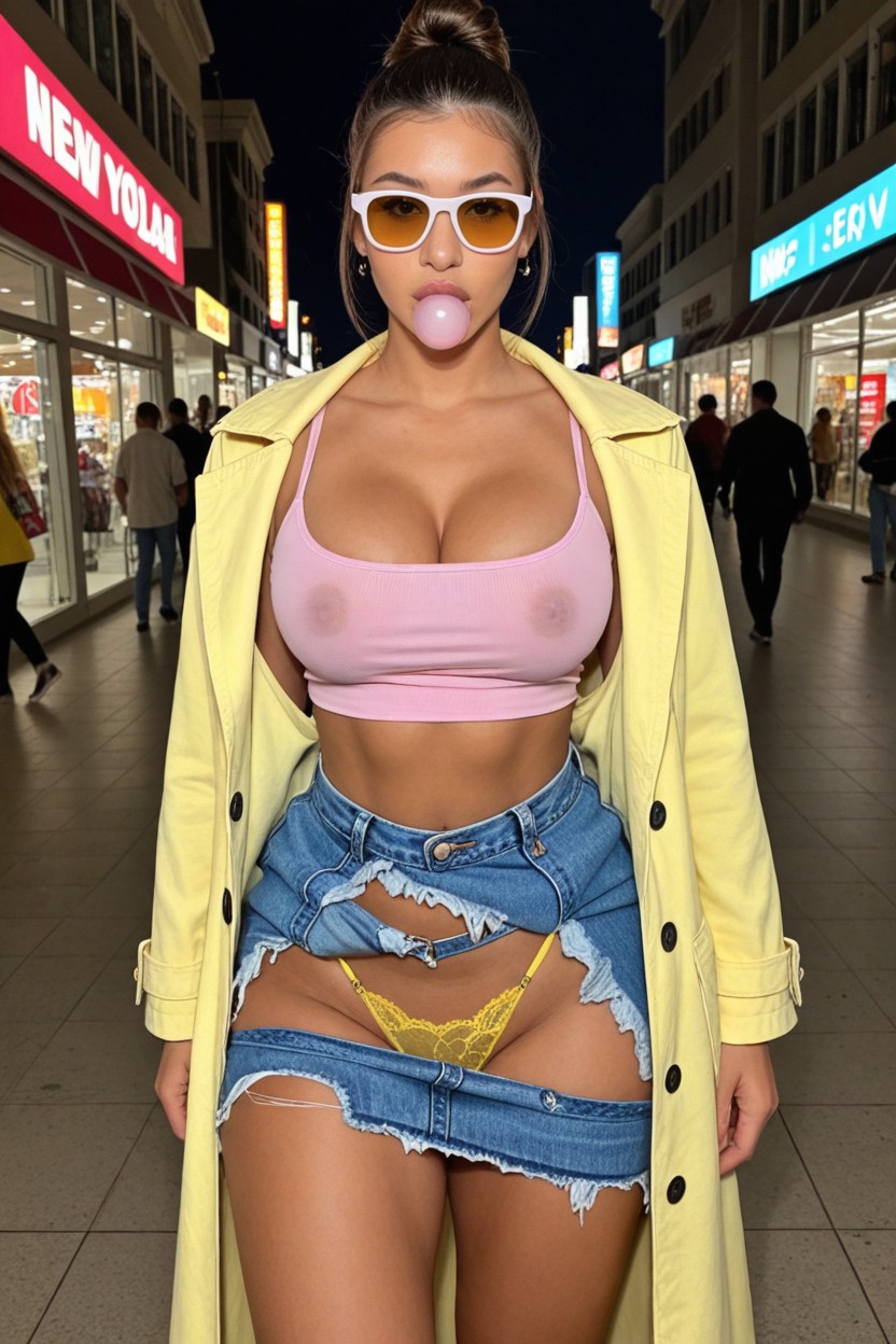Seductive, Perfect Waist, Yellow Lace Thong Visible Under The Microskirt AI Porn
