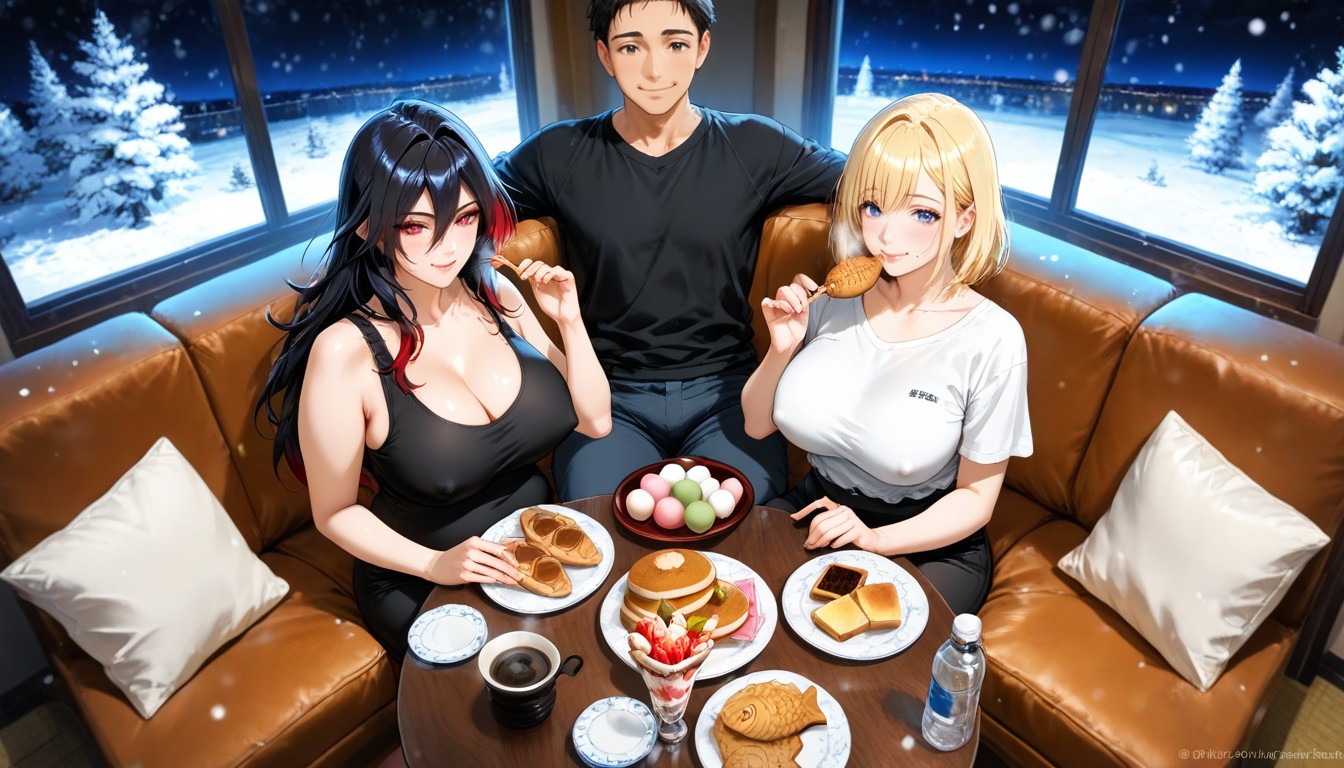 And Tattoo' His Arms, Embrace Them Eating Food And Drinking Sochu The First Female Is A Brunette-haired, Dorayaki AI Porn