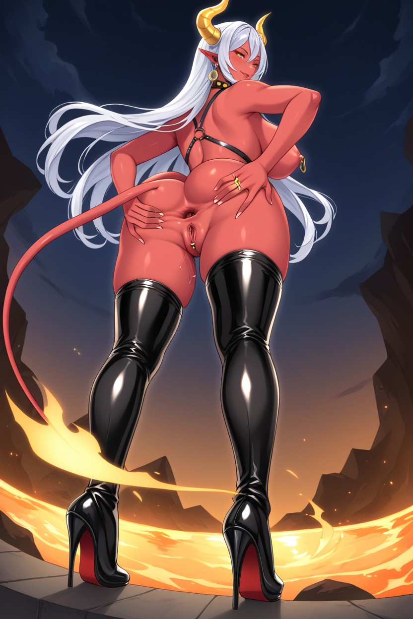 Rear View, Golden Ring Nipple Piercings, Styled Hairbraided Gold Jewelrynecklace Collar Hentai AI Porn
