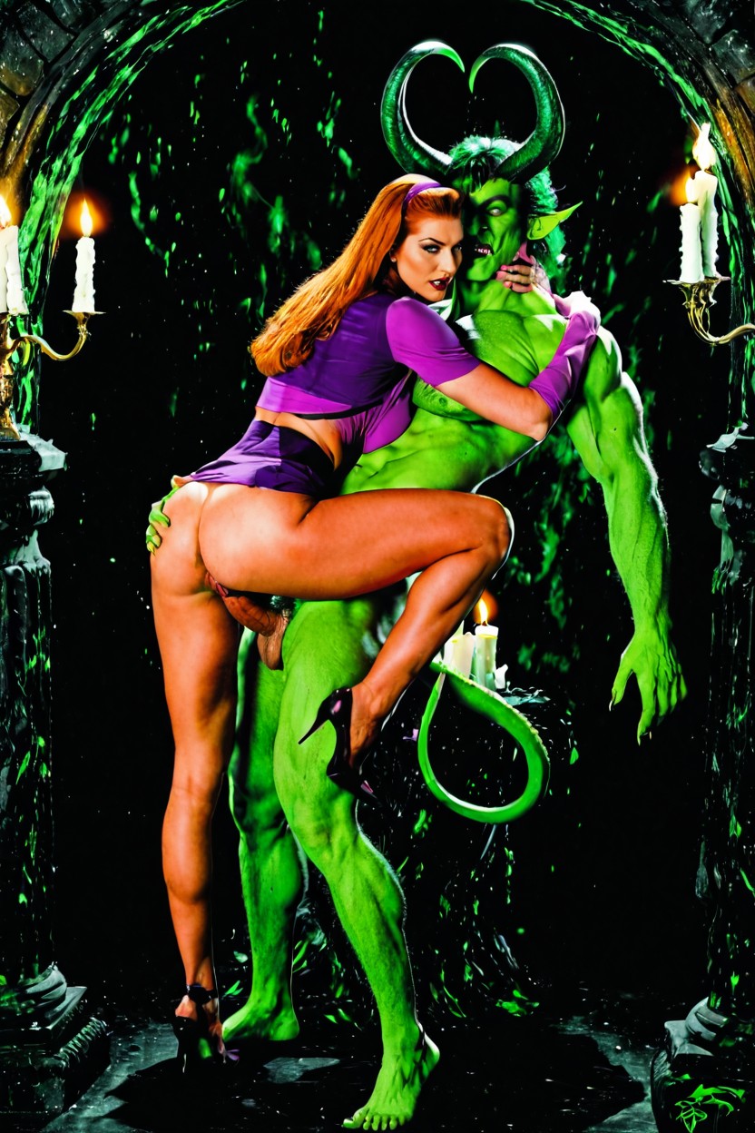 Several Green Monsters Are Grabbing Daphne, She Is Fucked From Behind By A Green Horned Devil Monster, Small Ass AI Porn