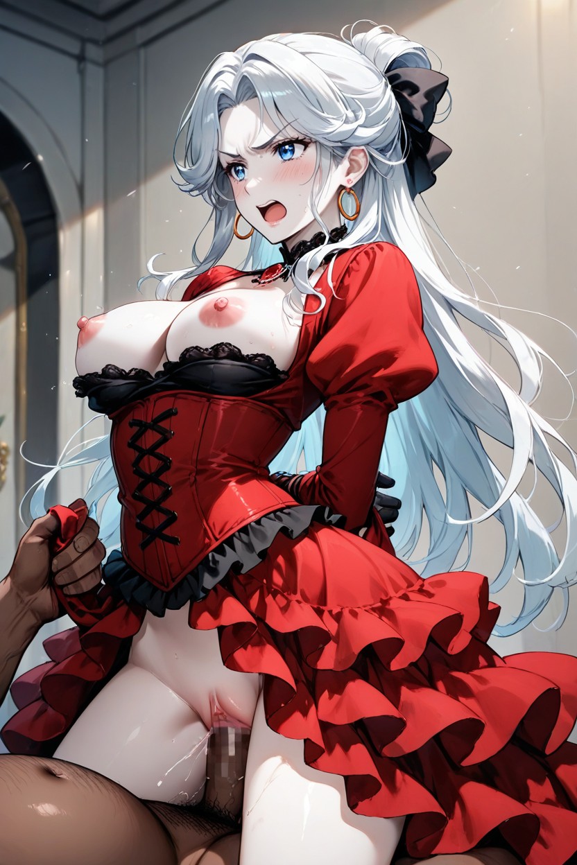 Anime Style, Frills, Red Gemstone Earrings Hentai AI Porn