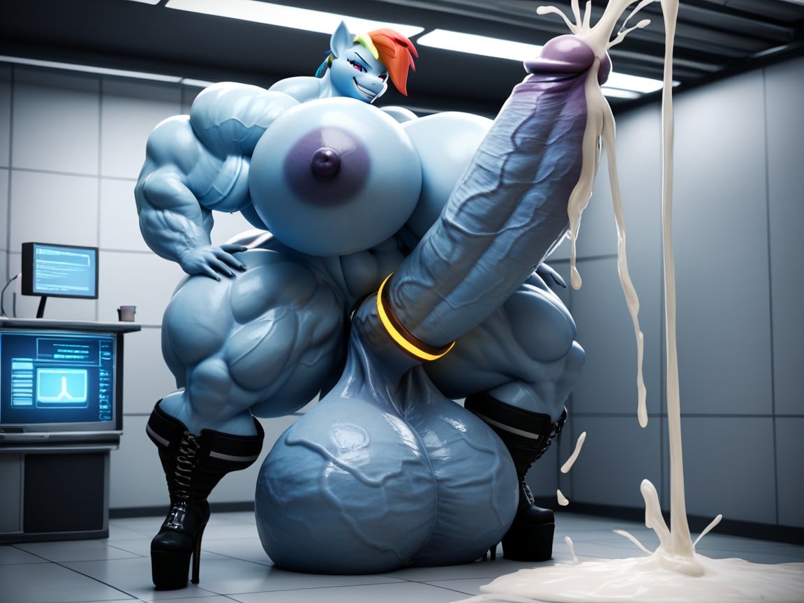 Hyper Gigantic Muscles, Hyper Massive Testicles, Platform High Heel Boots Furry AI Porn