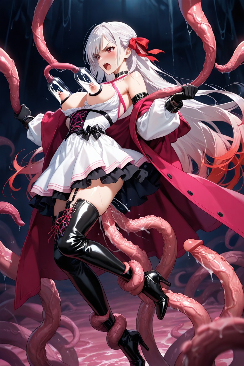Vibrant Fuchsia Red Open Long Coat With Flowing Fabric And Blue Lining, Tentacles Grab The Thigh, Sleeveless Dress Hentai AI Porn