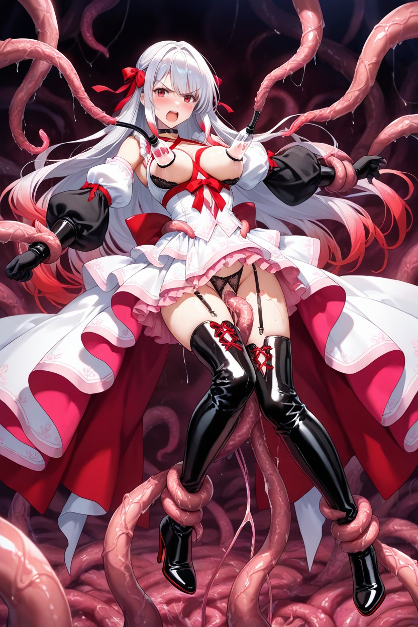 Red Ribbon Bows On Upper Part Of Boots, Red Eyes, Fucked By Tentacles Hentai AI Porn