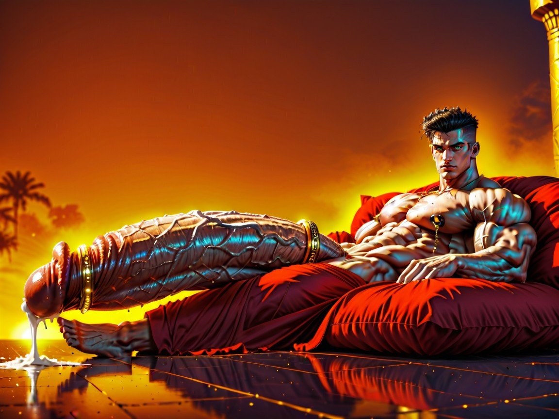 Golden Ornate Nipple Clamps, Hyper Massive Pecs, Sexually Aroused AI Gay Porn