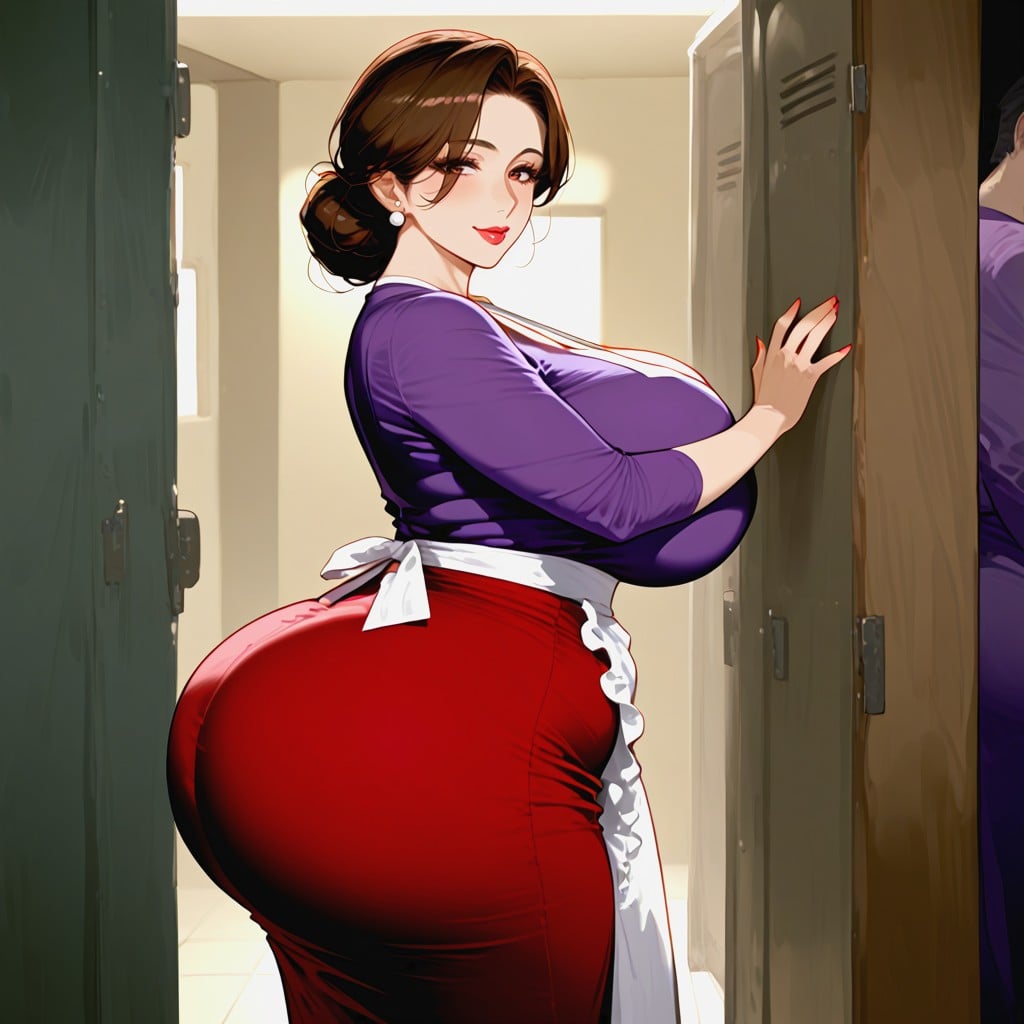 Side View, Large Red Skirt, In Bunker Atmosphere MILF AI Porn