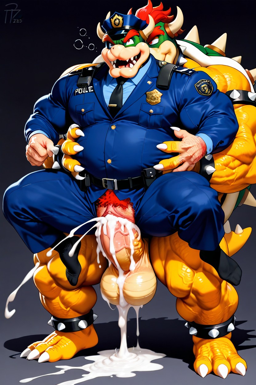 Male Police In Front Of The Bowser, Bowser Behind Male Police, Front Side View AI Gay Porn
