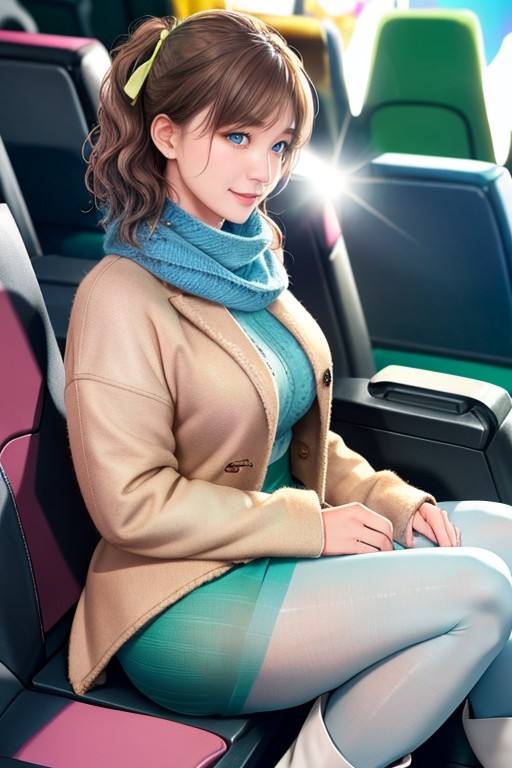 Legs Spread, Light Bangs, Wearing Light Blue Oversized Knit Sweater Inside 아시아 AI 포르노