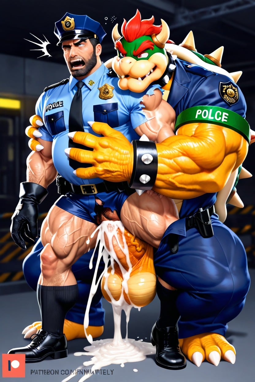 Bowser Fucking Male Police From Behind, Intense Orgasm, Penetrates Male Police Vagina AI Gay Porn