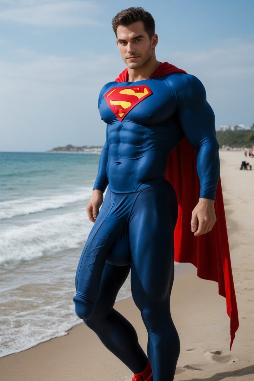 18+, Beach, Tight Clothing Covering Gigantic Colossal Bulge Hanging To His Ankles AI Gay Porn