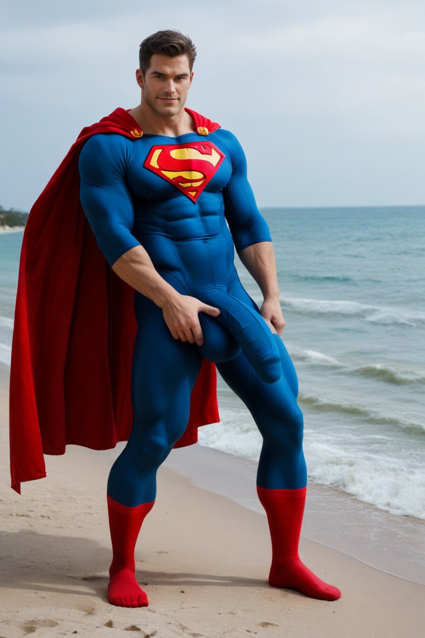 Safe For Work, Fully Clothed Superman With Giant Veiny Cock Outline Under Clothes, 18+ AI Gay Porn