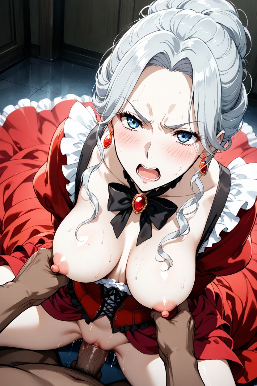 Natural Body Features, Large Black Bow Accents, Red Gemstone Earrings Hentai AI Porn