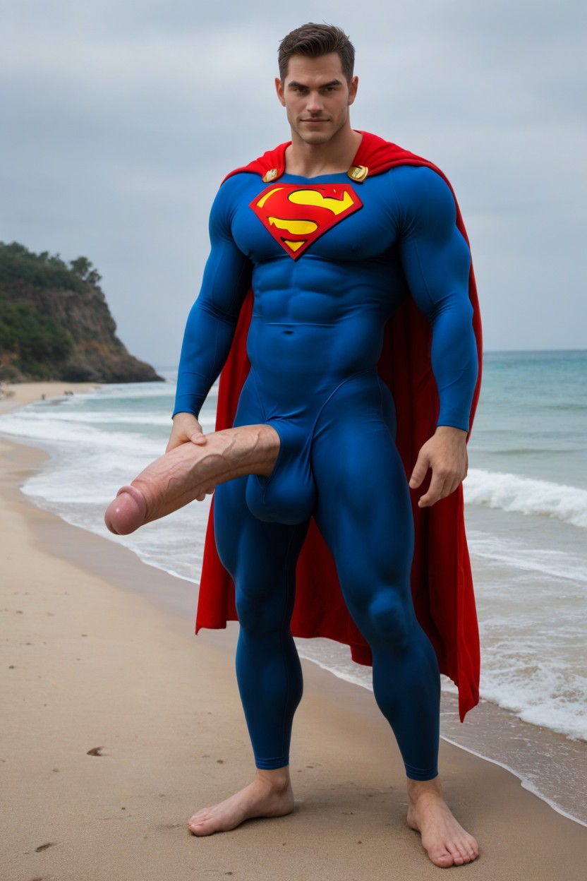 Masturbation, Spandex Wet Look Superman Suit, Massive Outline Of Hyper Penis Visible Through Tight Clothing AI Gay Porn