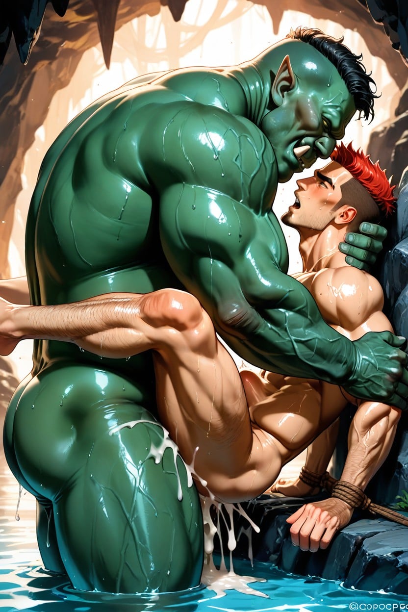 Spread Legs Sex, Orc With Massive Cock, Side View AI Gay Porn