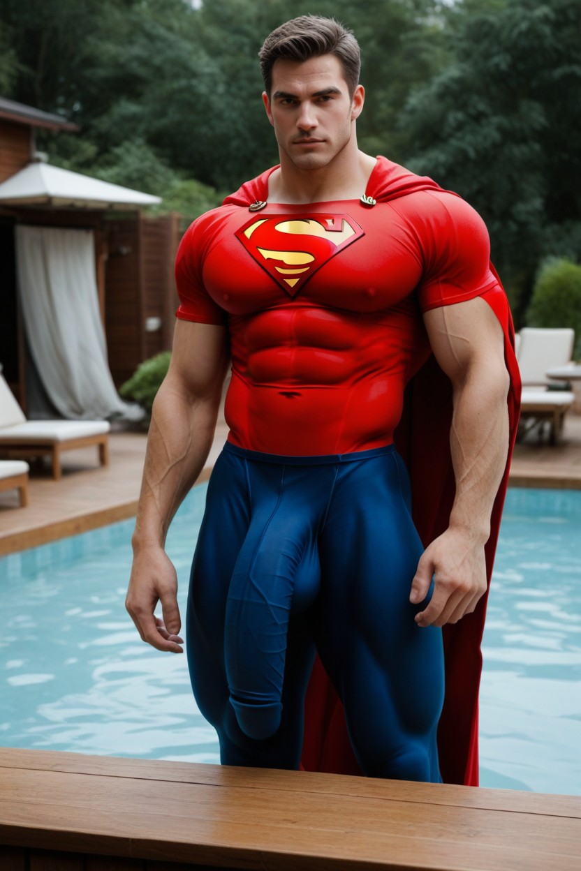 Fully Covered, Muscular, Tight Clothing Covering Gigantic Colossal Bulge Hanging To His Ankles AI Gay Porn