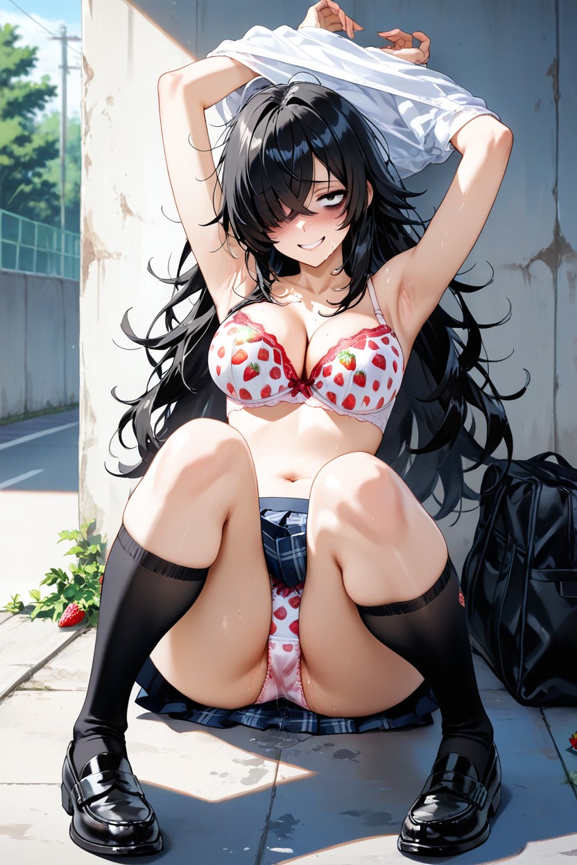 Pleats Miniskirt, Black High Socks, Bags Under Eyes AI Porn