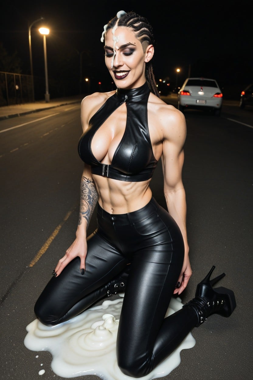 Eyes Open And Look The Guy, Visible Thong Higher Low Rise Leather Biker Pant, Plunge Deep Push Up Cleavage AI Porn