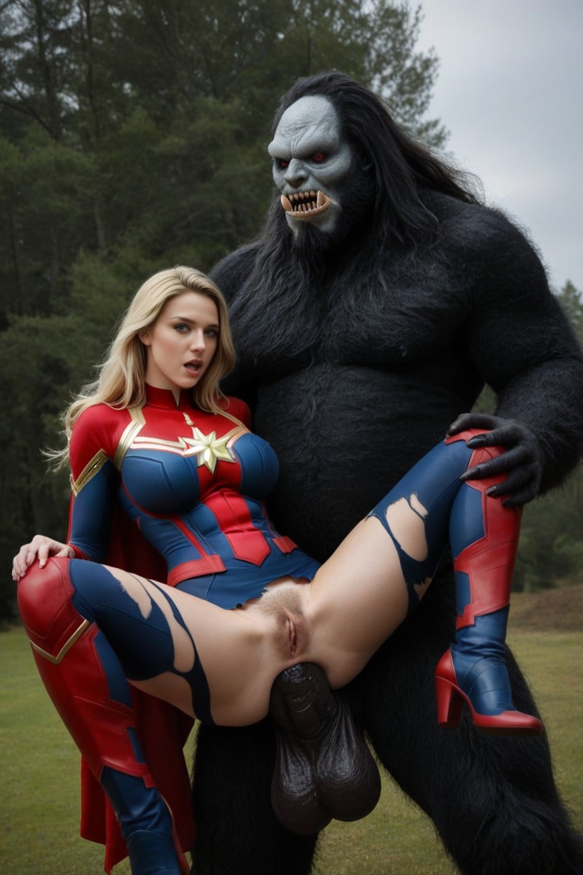 Giant Monster Over Meters Tall, Verycaptain Marvel Costume Ultra Realistic, Monster Triple Size Of Subject AI Porn