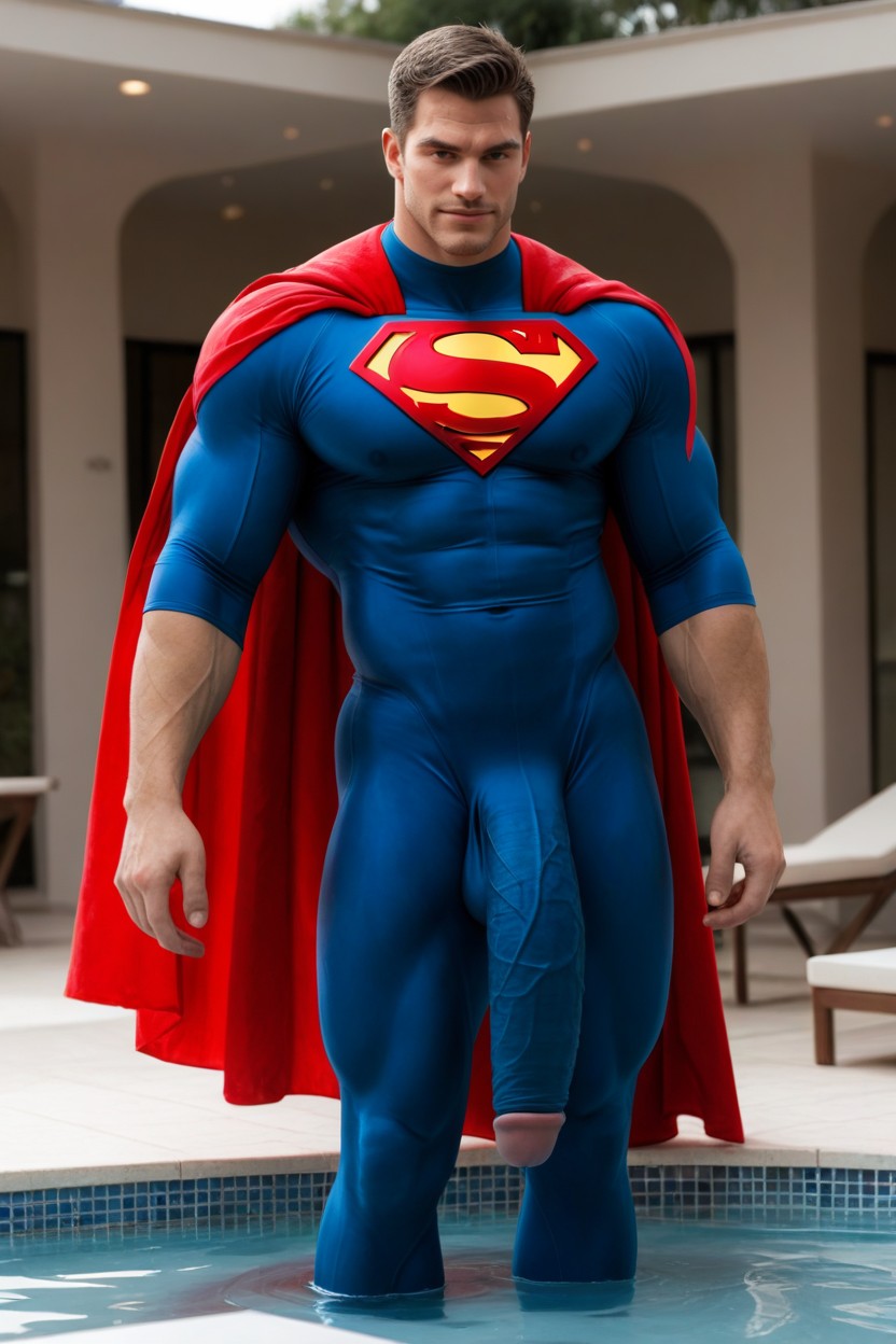 Fully Clothed Superman With Giant Cock Outline Under Clothes, Blue And Red Superman Suit, Red Cape AI Gay Porn