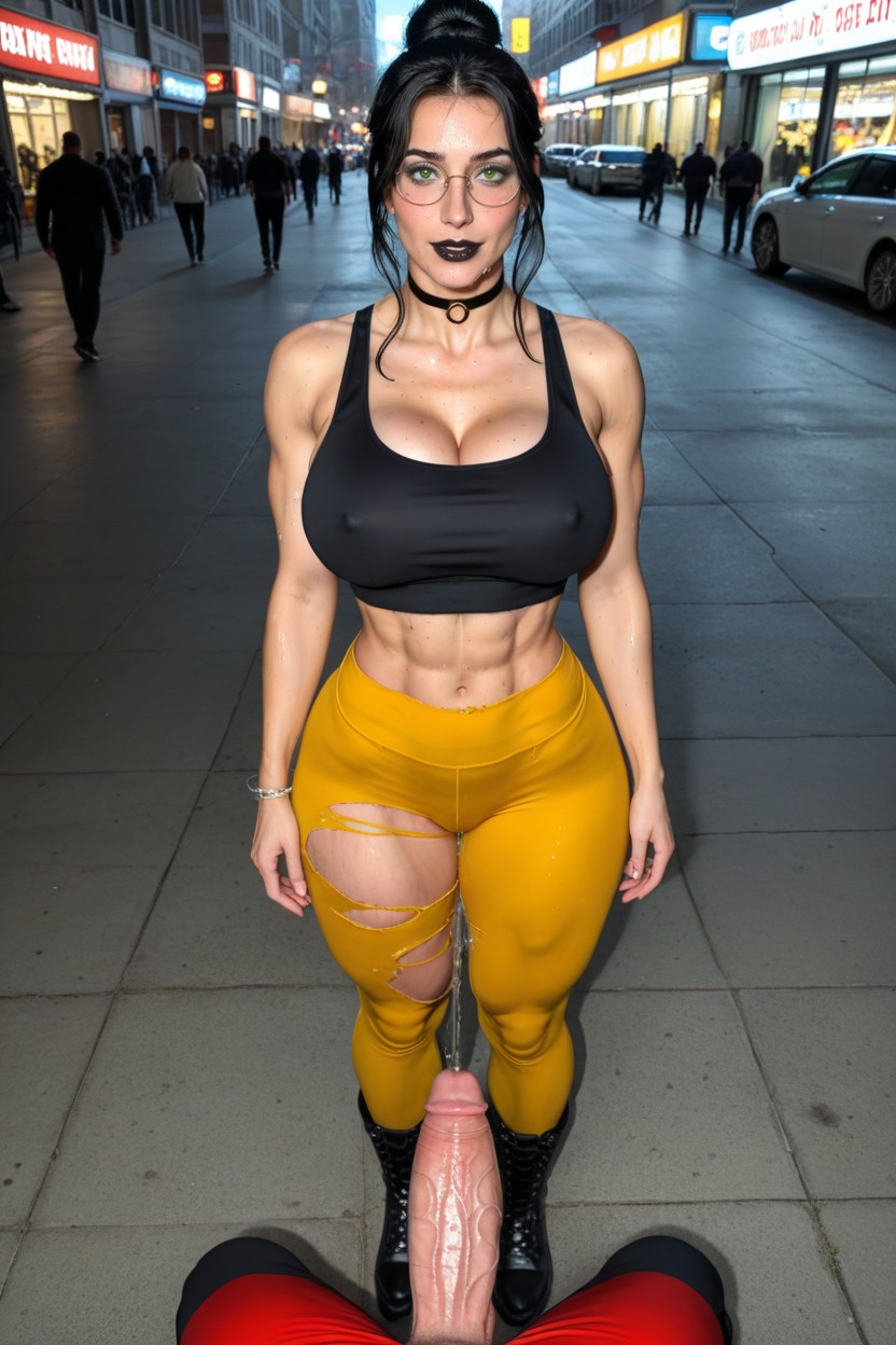 Tight Top Barely Containing Breasts, Black Sport, Blunt Bangs AI Porn