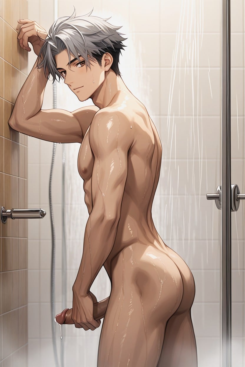 Shower, Ash Hair, Side View AI Gay Porn