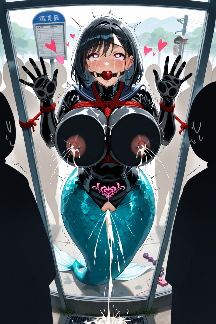 Aggressively Swinging Boobs Right And Left L, Standing With Black Latex Mermaid Tail, Squirting Aggressively Poured From Vagina Hentai AI Porn