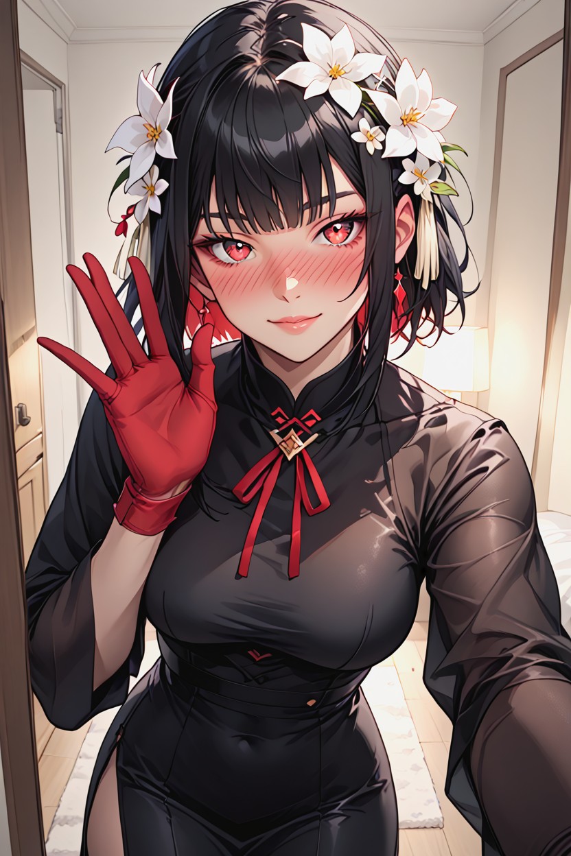 Looking At Viewer, Red Gloves, Fit Body Type Hentai AI Porn