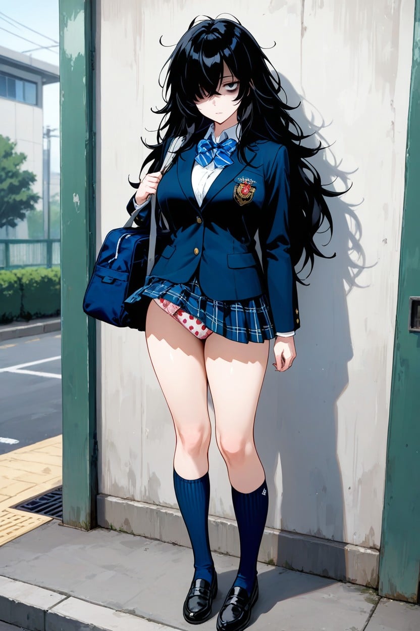 Navy Blue High Socks, Black Hair, Micro Skirt AI Porn