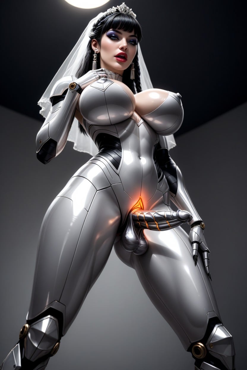 Bimbo, Shiny Chrome Metallic Massive Robotic Breasts, Her Outer And Inner Labia Are Shiny Metallic AI Porn