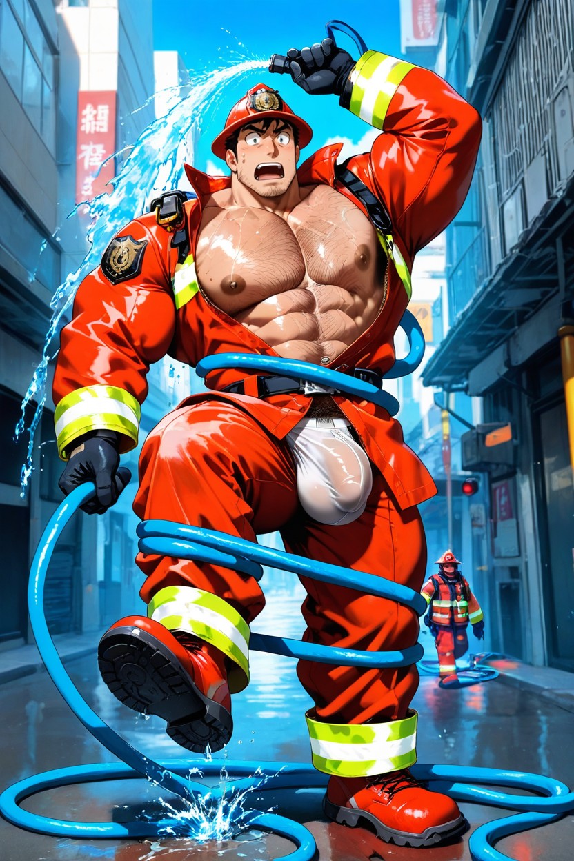 City, Surprised Expression, Open Red Coat AI Gay Porn