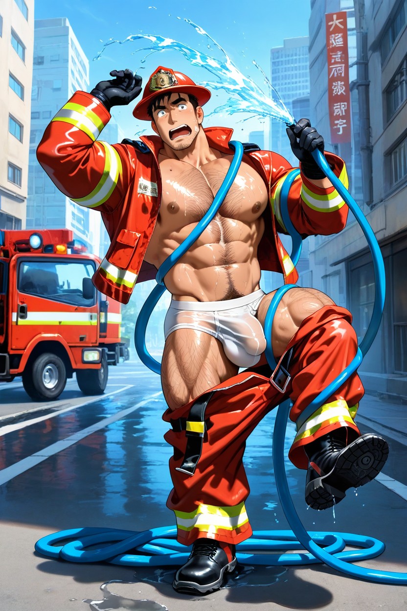 Wearing Firefighter Red Uniform, Open Red Jacket, Dripping Water AI Gay Porn
