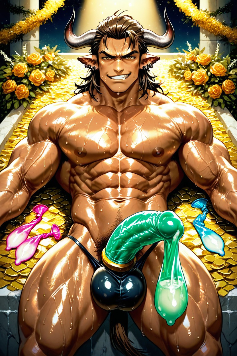 Muscular, Holding An Open Condom Packet In His Mouth, Upward-curved Erect Penis AI Gay Porn