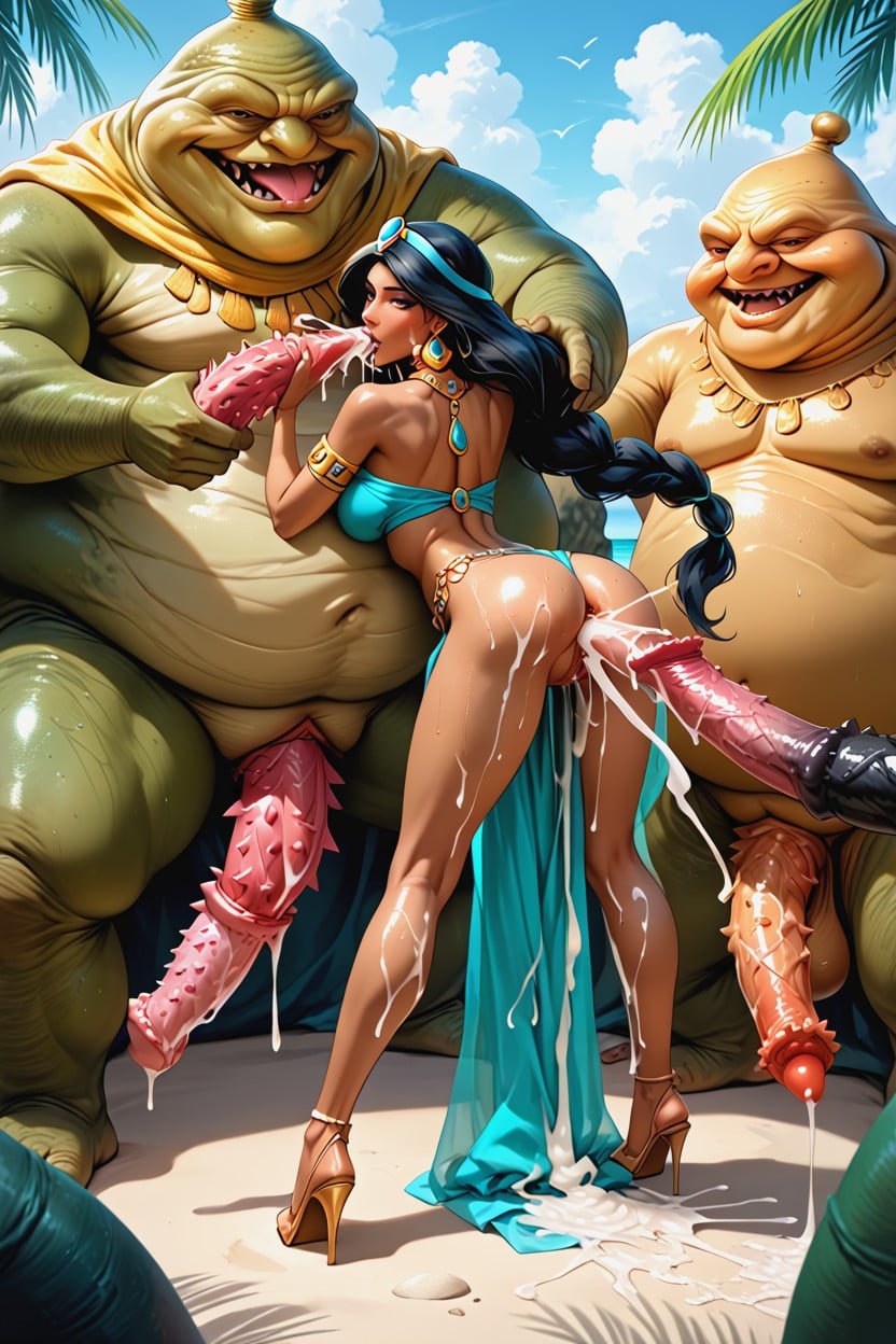 Perfect Tanned Body, Excessive Long Very Thick Barbed Penis, Massive Cum Dripping From Vagina Making Puddles AI Porn
