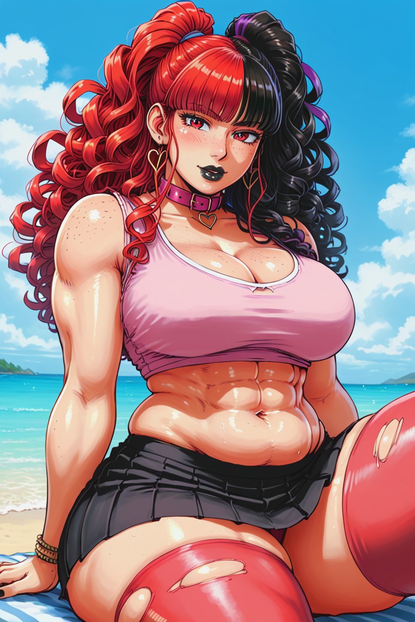 With A Clean Vertical Split In Two Colorswhite On The Left Side, Fat Six Pack Abs, Big Red Bangs AI Porn