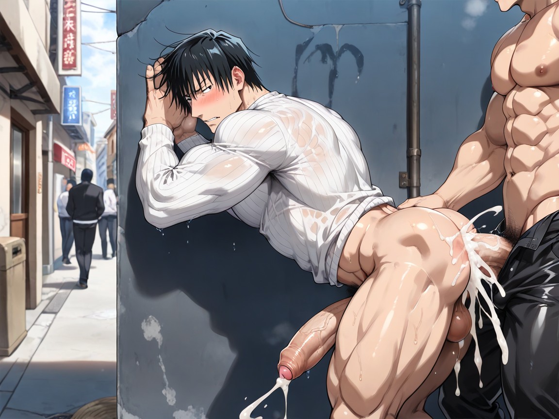 There Are Many People On The Other Side Of The Wall, Touji Is Bottom, Side View AI Gay Porn