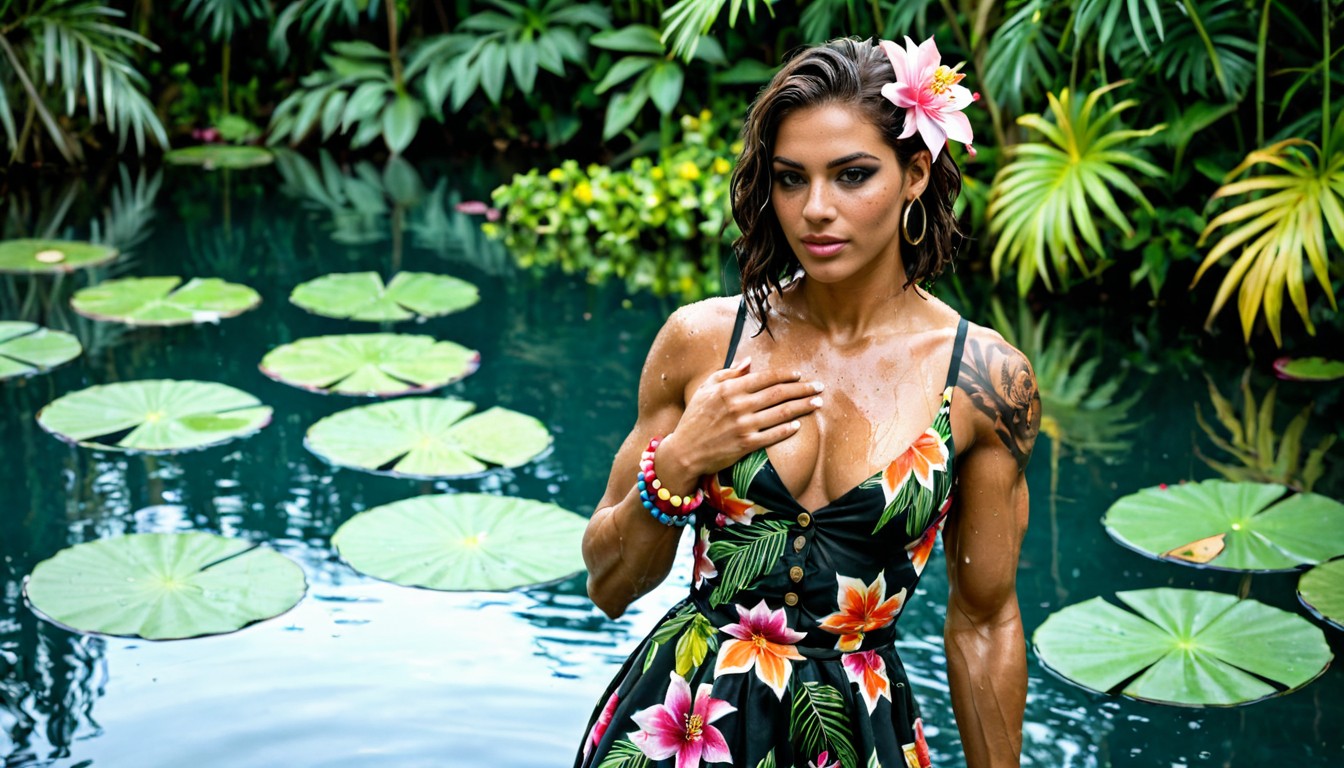 Athletic Body, Golden Tattoo On Back, Flowers In Hair AI Porn