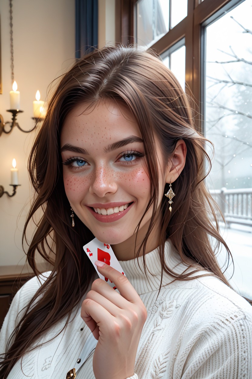 Eyes Visible, Holding Playing Cards In Her Hand, + AI Porn
