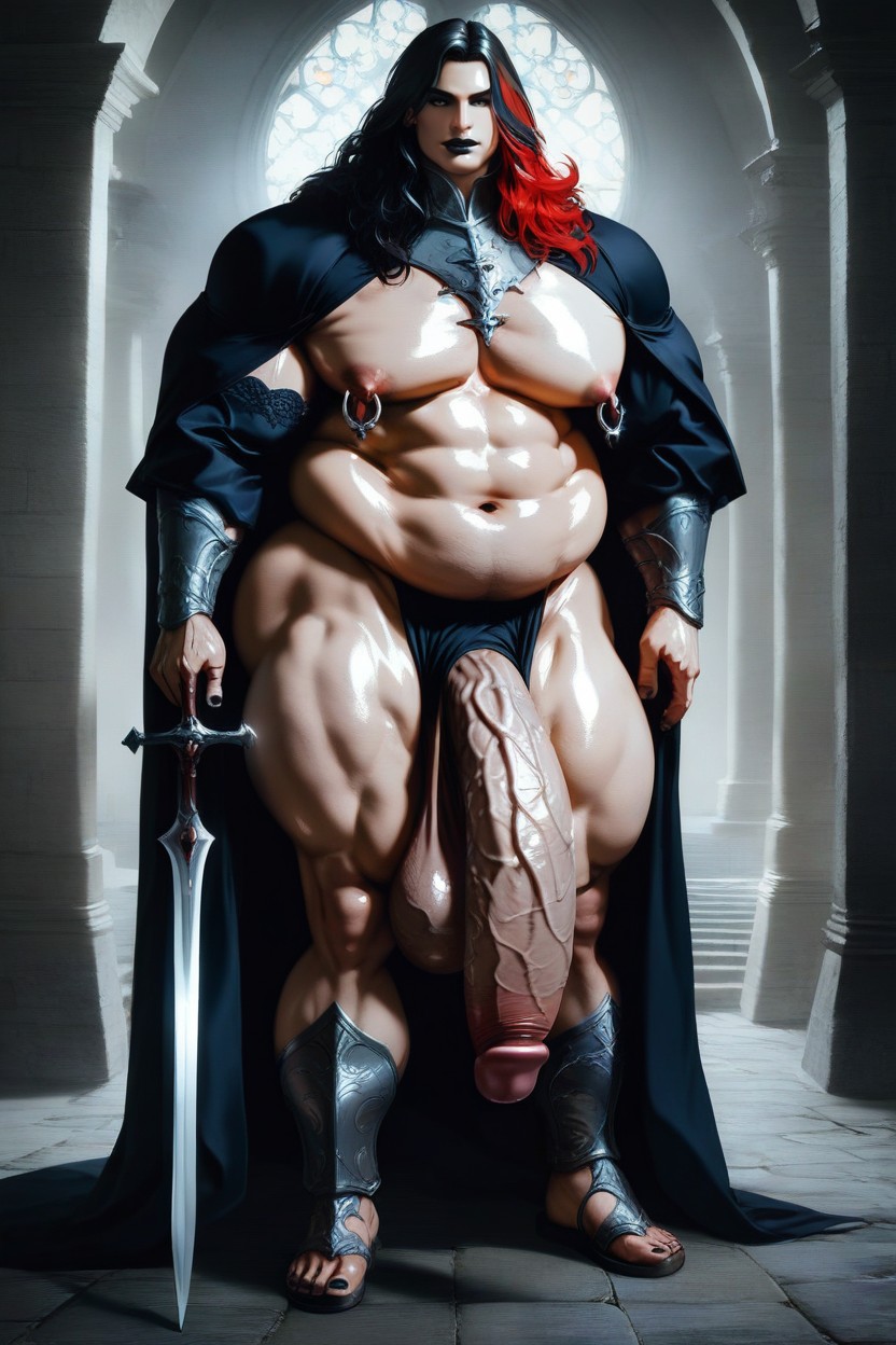 Impossibly Long Hyper Penis, Holding Sword, Medieval Fantasy Armor AI Gay Porn
