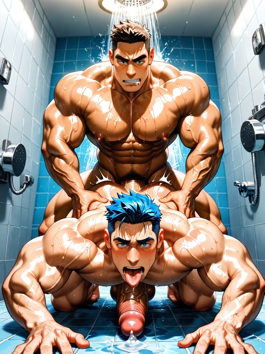 Drooling, Bottom Hunk On Fours, Top's Hands Grabbing Bottom's Shoulders AI Gay Porn