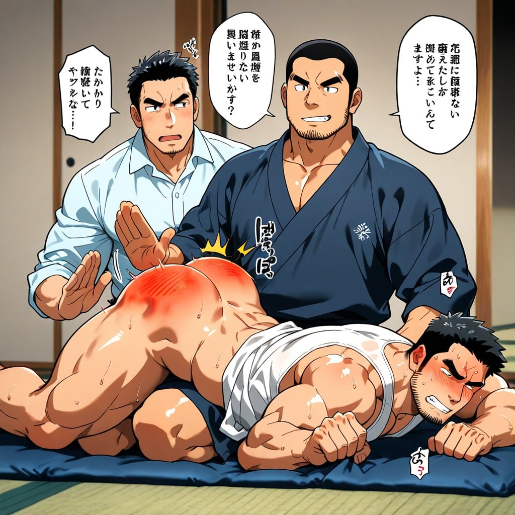 Male Only, The Man Being Spanked Is Lying Face Down On His Stomach In The Lap Of The Man Spanking Him, Brack Tank Top AI Gay Porn