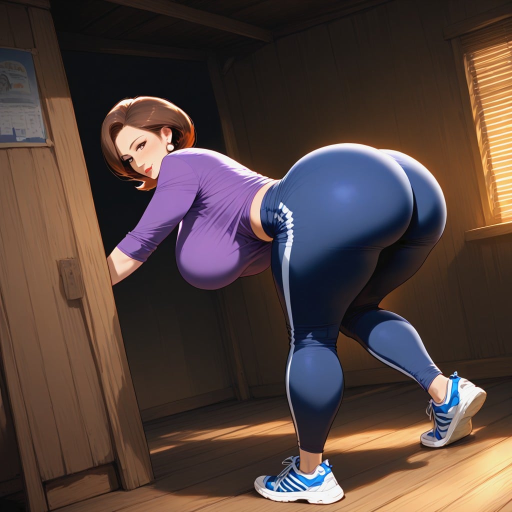 Massive Butt, Large Golden And Blue Metallic Pants, Colossal Butt MILF AI Porn