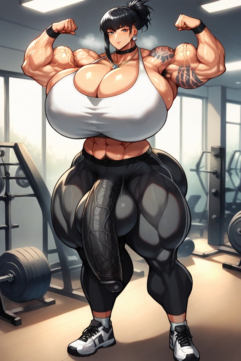 Muscular Veiny Arms, Gym, Black Hair Shemale AI Porn